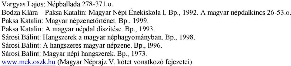 Paksa Katalin: A magyar népdal díszítése. Bp., 1993. Sárosi Bálint: Hangszerek a magyar néphagyományban. Bp., 1998.