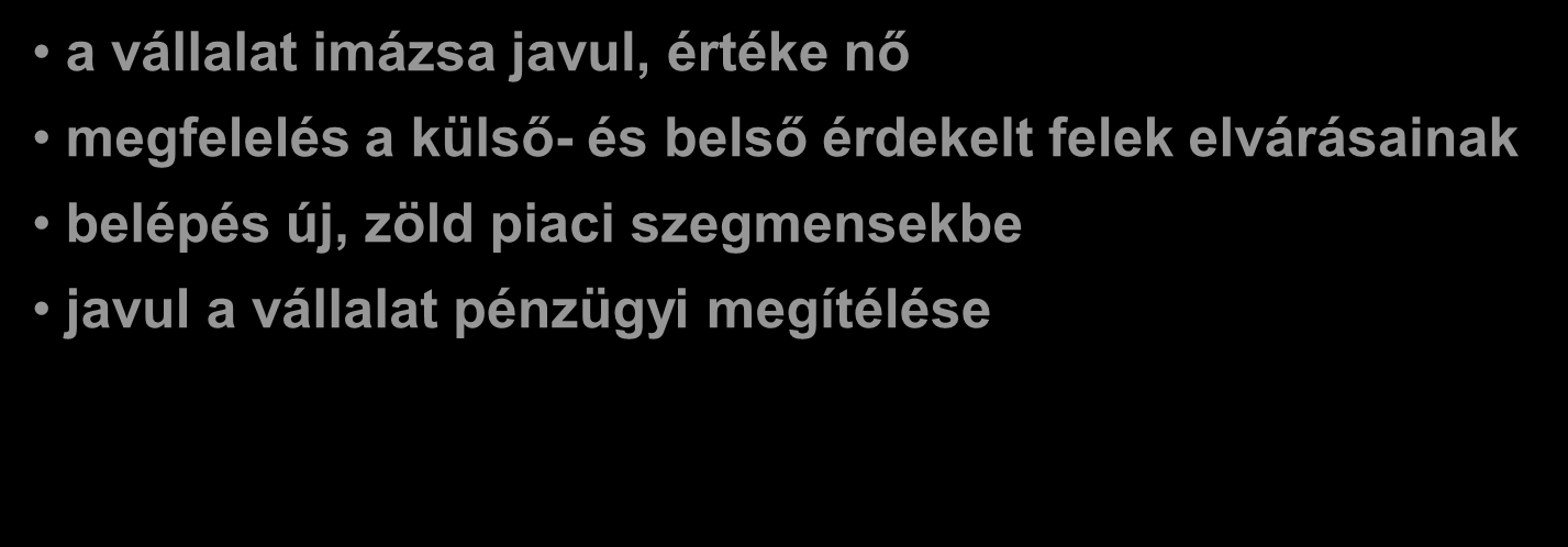 KÖRNYEZETVÉDELEM INTEGRÁLÁSA KÖRNYEZETTUDATOS VÁLLALATIRÁNYÍTÁS HASZNAI gazdasági okok rendszerszerű működés megfelelés a törvényi, jogszabályi előírásoknak javuló környezettudat javuló hatósági