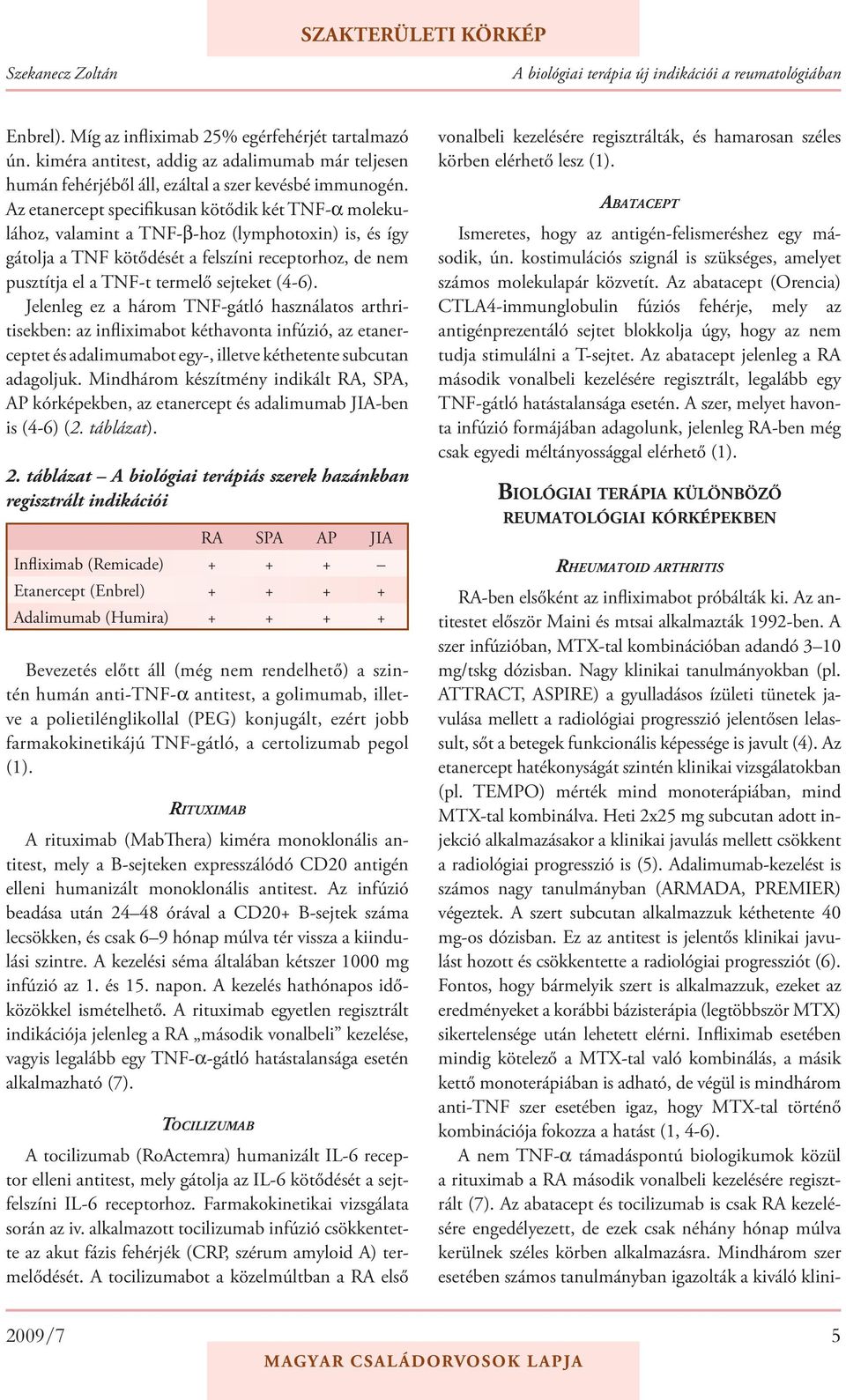 (4-6). Jelenleg ez a három TNF-gátló használatos arthritisekben: az infliximabot kéthavonta infúzió, az etanerceptet és adalimumabot egy-, illetve kéthetente subcutan adagoljuk.