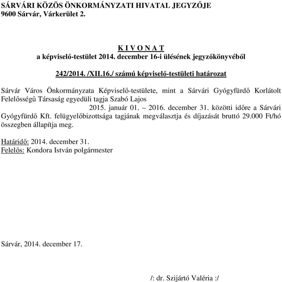 Korlátolt Felelősségű Társaság egyedüli tagja Szabó Lajos (an.: Mizda Veronika) 9600 Sárvár, Szatmár u. 21./ E.