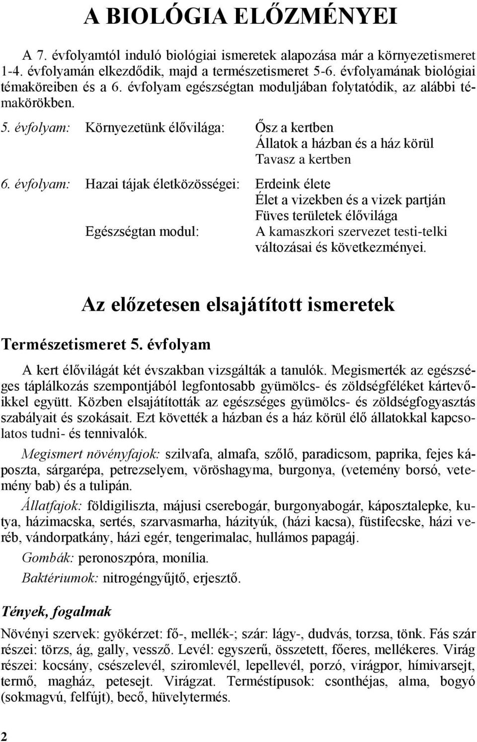 évfolyam: Hazai tájak életközösségei: Erdeink élete Élet a vizekben és a vizek partján Füves területek élővilága Egészségtan modul: A kamaszkori szervezet testi-telki változásai és következményei.