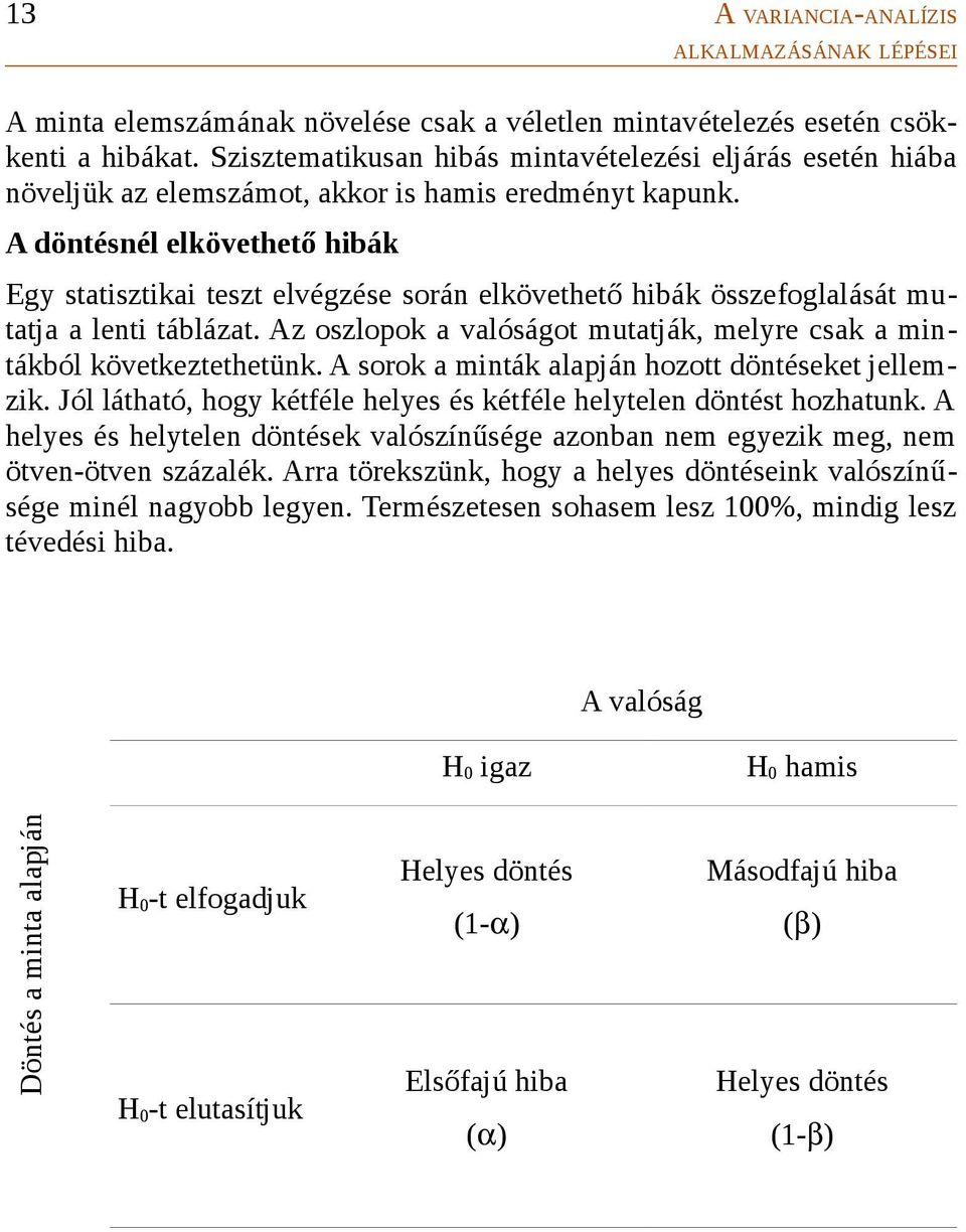 A döntésnél elkövethető hibák Egy statisztikai teszt elvégzése során elkövethető hibák összefoglalását mutatja a lenti táblázat.