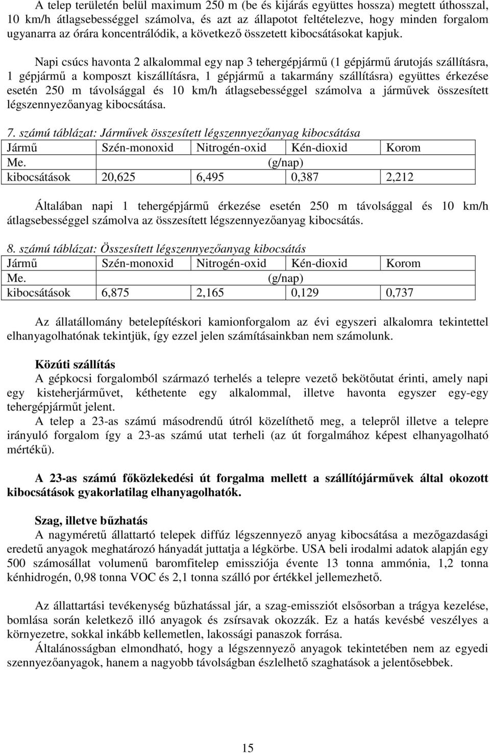 Napi csúcs havonta 2 alkalommal egy nap 3 tehergépjármű (1 gépjármű árutojás szállításra, 1 gépjármű a komposzt kiszállításra, 1 gépjármű a takarmány szállításra) együttes érkezése esetén 250 m