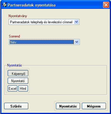 partneradatok telephely és levelezési címmel: itt a címek már két sorban jelennek meg, és a telephelyi cím kiegészül a levelezési címmel is.