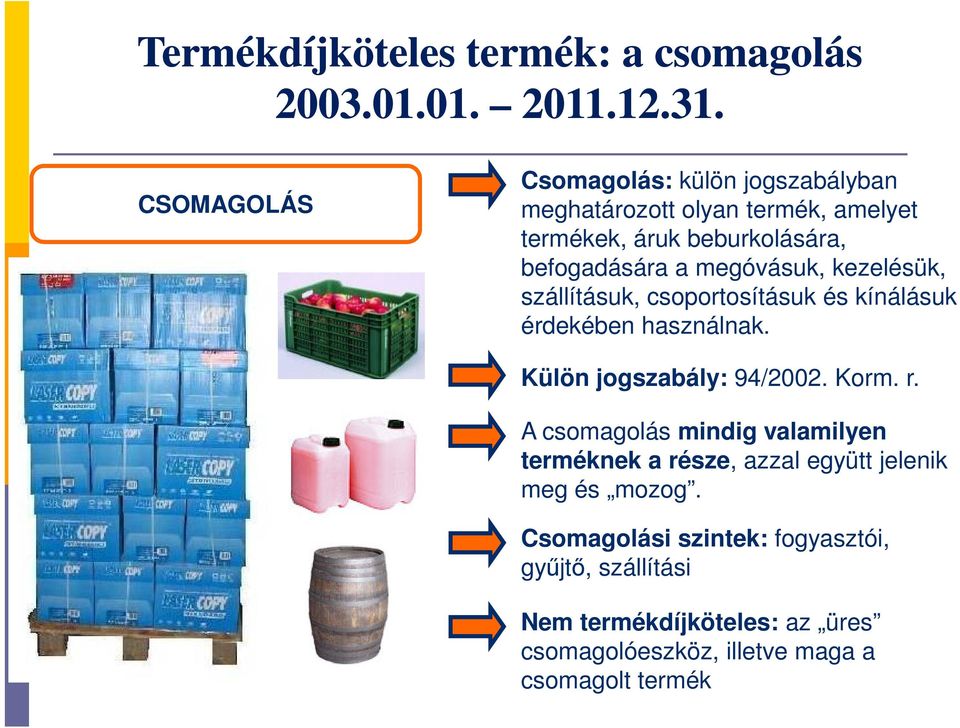 megóvásuk, kezelésük, szállításuk, csoportosításuk és kínálásuk érdekében használnak. Külön jogszabály: 94/2002. Korm. r.