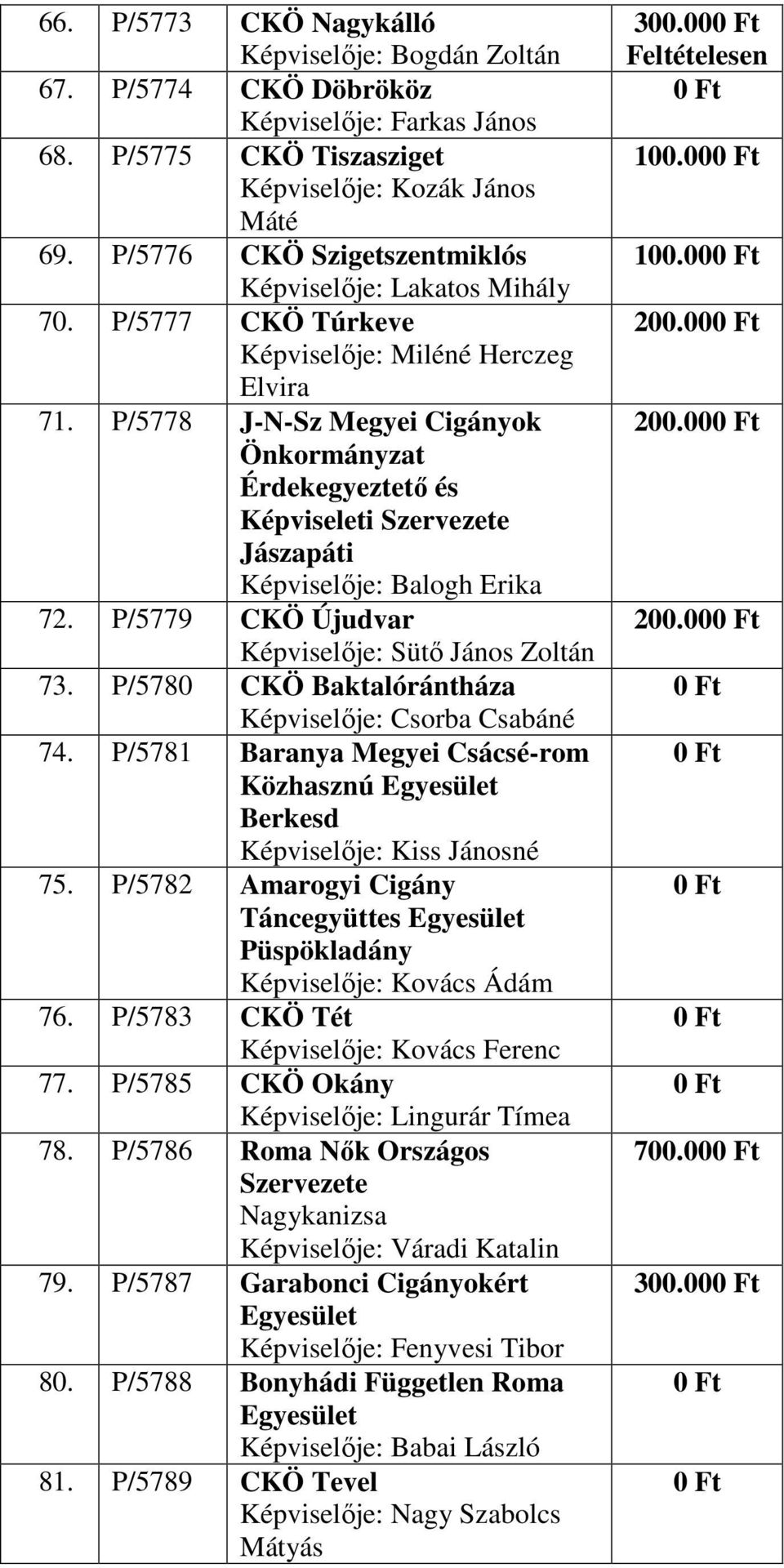 P/5778 J-N-Sz Megyei Cigányok Önkormányzat Érdekegyeztető és Képviseleti Szervezete Jászapáti Képviselője: Balogh Erika 72. P/5779 CKÖ Újudvar Képviselője: Sütő János Zoltán 73.