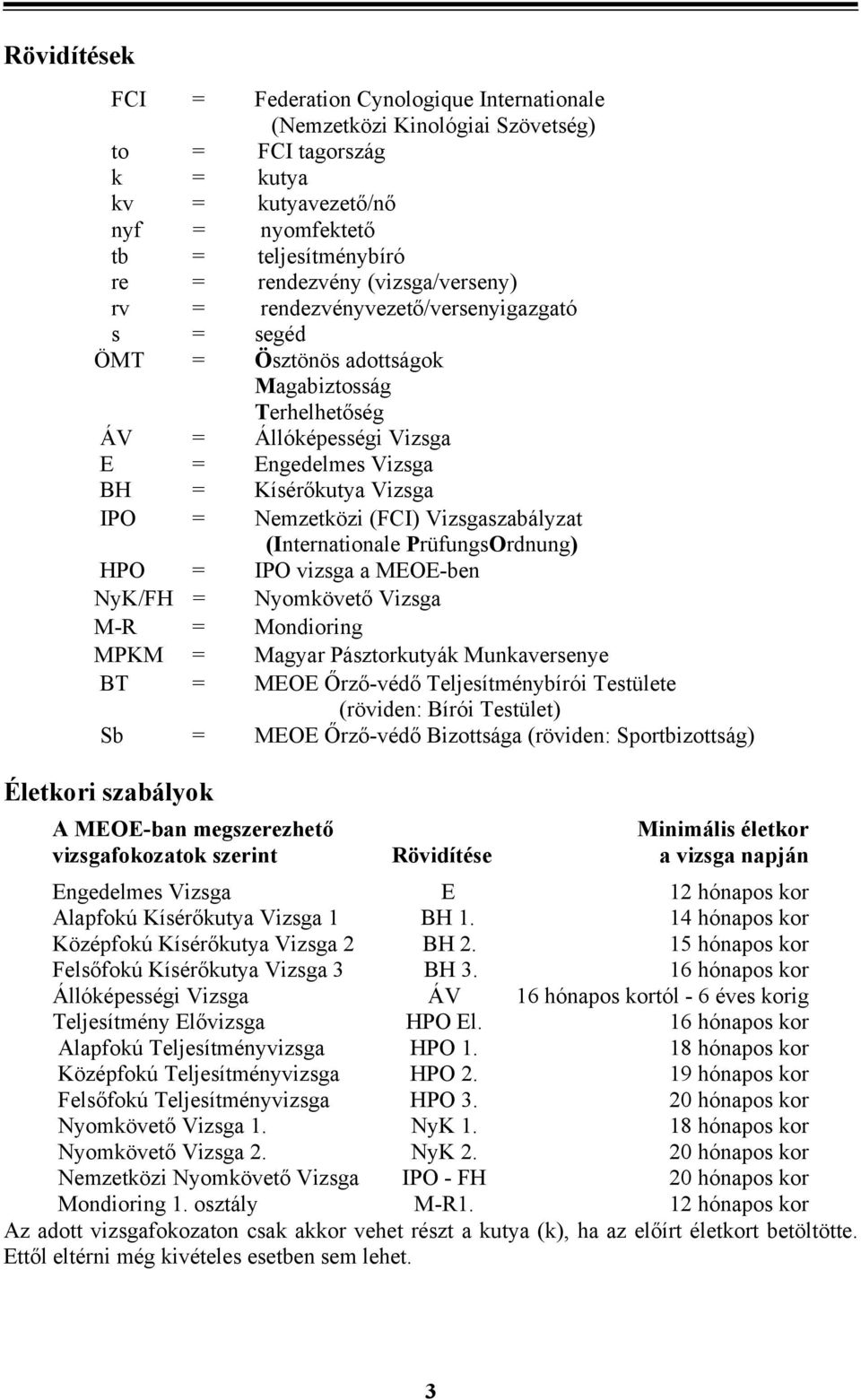 Nemzetközi (FCI) Vizsgaszabályzat (Internationale PrüfungsOrdnung) HPO = IPO vizsga a MEOE-ben NyK/FH = Nyomkövető Vizsga M-R = Mondioring MPKM = Magyar Pásztorkutyák Munkaversenye BT = MEOE