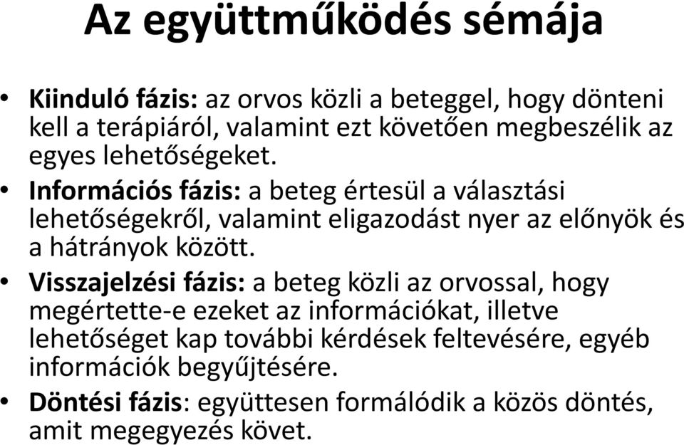 Információs fázis: a beteg értesül a választási lehetőségekről, valamint eligazodást nyer az előnyök és a hátrányok között.