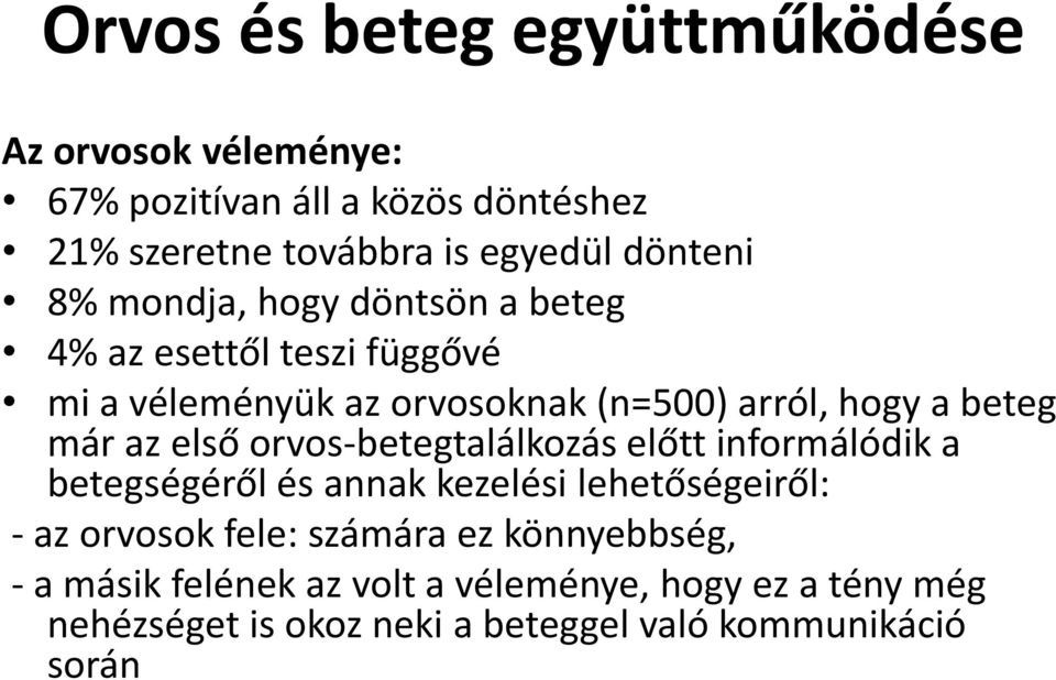 már az első orvos-betegtalálkozás előtt informálódik a betegségéről és annak kezelési lehetőségeiről: - az orvosok fele: