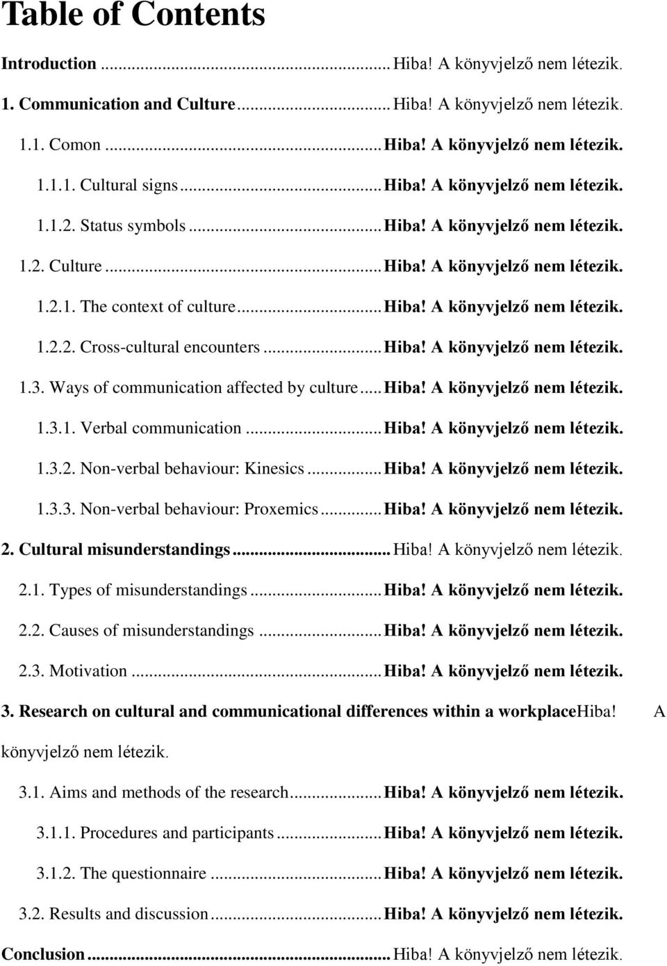 .. Hiba! A könyvjelző nem létezik. 1.3. Ways of communication affected by culture... Hiba! A könyvjelző nem létezik. 1.3.1. Verbal communication... Hiba! A könyvjelző nem létezik. 1.3.2.