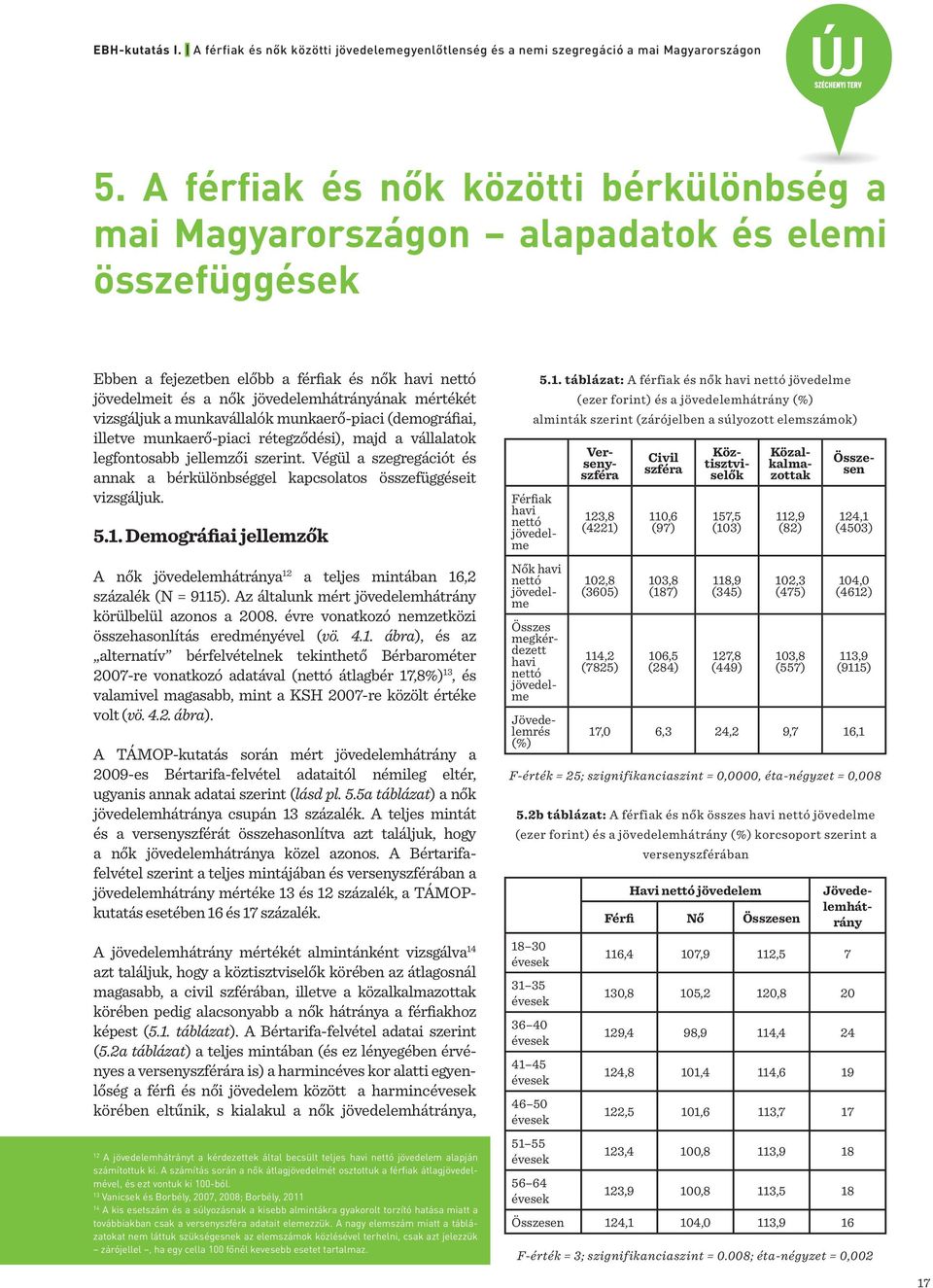 Végül a szegregációt és annak a bérkülönbséggel kapcsolatos összefüggéseit vizsgáljuk. 5.1. Demográfiai jellemzők A nők jövedelemhátránya 12 a teljes mintában 16,2 százalék (N = 9115).