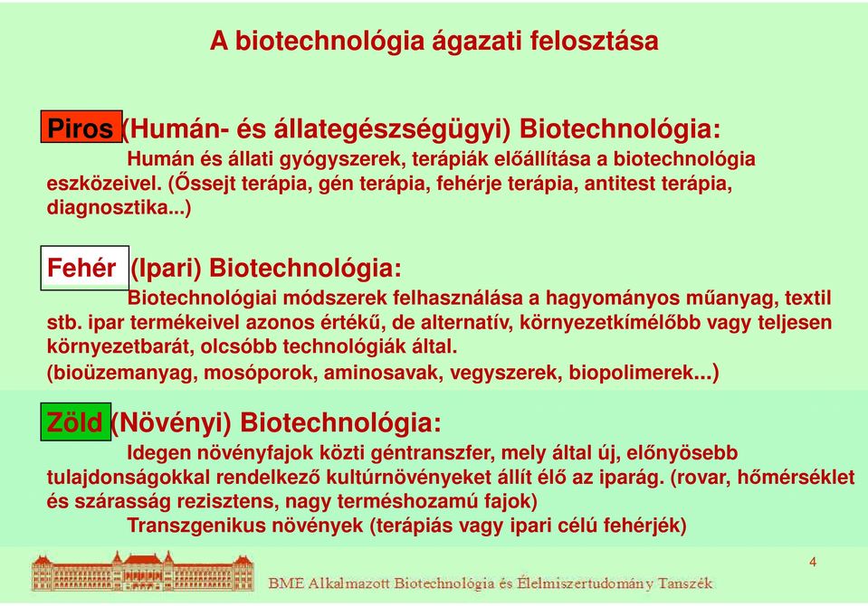 ipar termékeivel azonos értékű, de alternatív, környezetkímélőbb vagy teljesen környezetbarát, olcsóbb technológiák által. (bioüzemanyag, mosóporok, aminosavak, vegyszerek, biopolimerek.