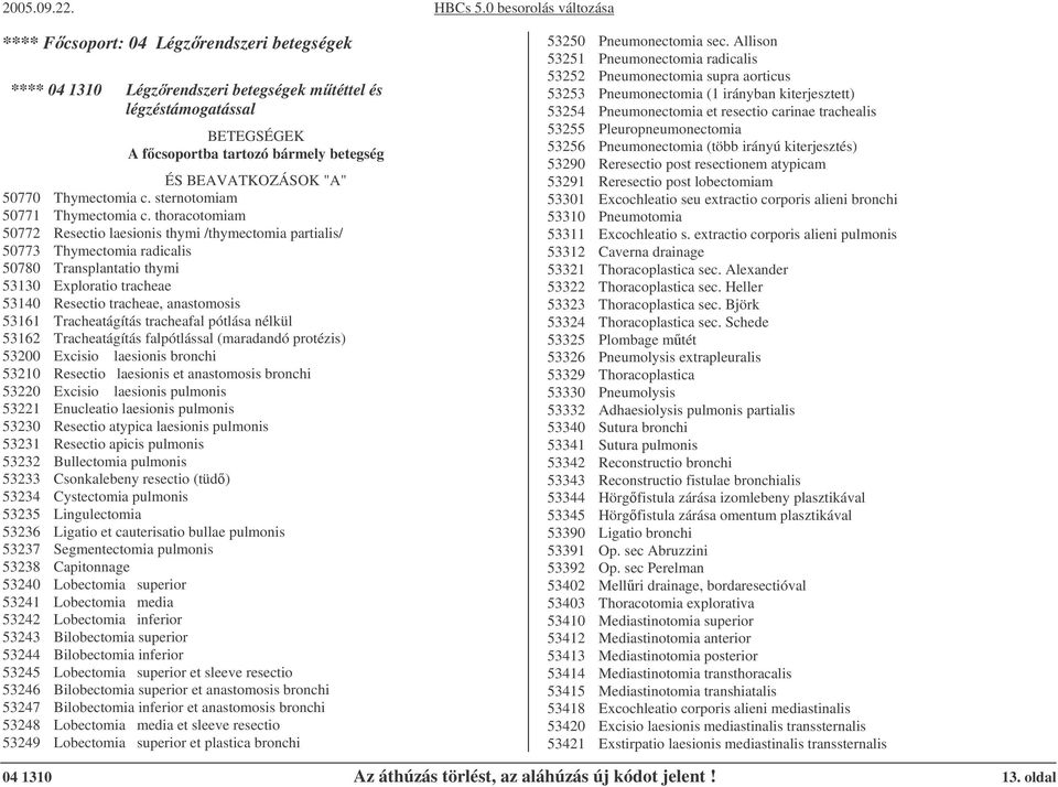 thoracotomiam 50772 Resectio laesionis thymi /thymectomia partialis/ 50773 Thymectomia radicalis 50780 Transplantatio thymi 53130 Exploratio tracheae 53140 Resectio tracheae, anastomosis 53161