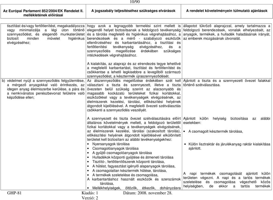 legnagyobb termelési szint mellett is elegendő helyet biztosítsanak a feldolgozó tevékenység és a tárolás megfelelő és higiénikus végrehajtásához, a berendezések és a mérő - szabályozó eszközök