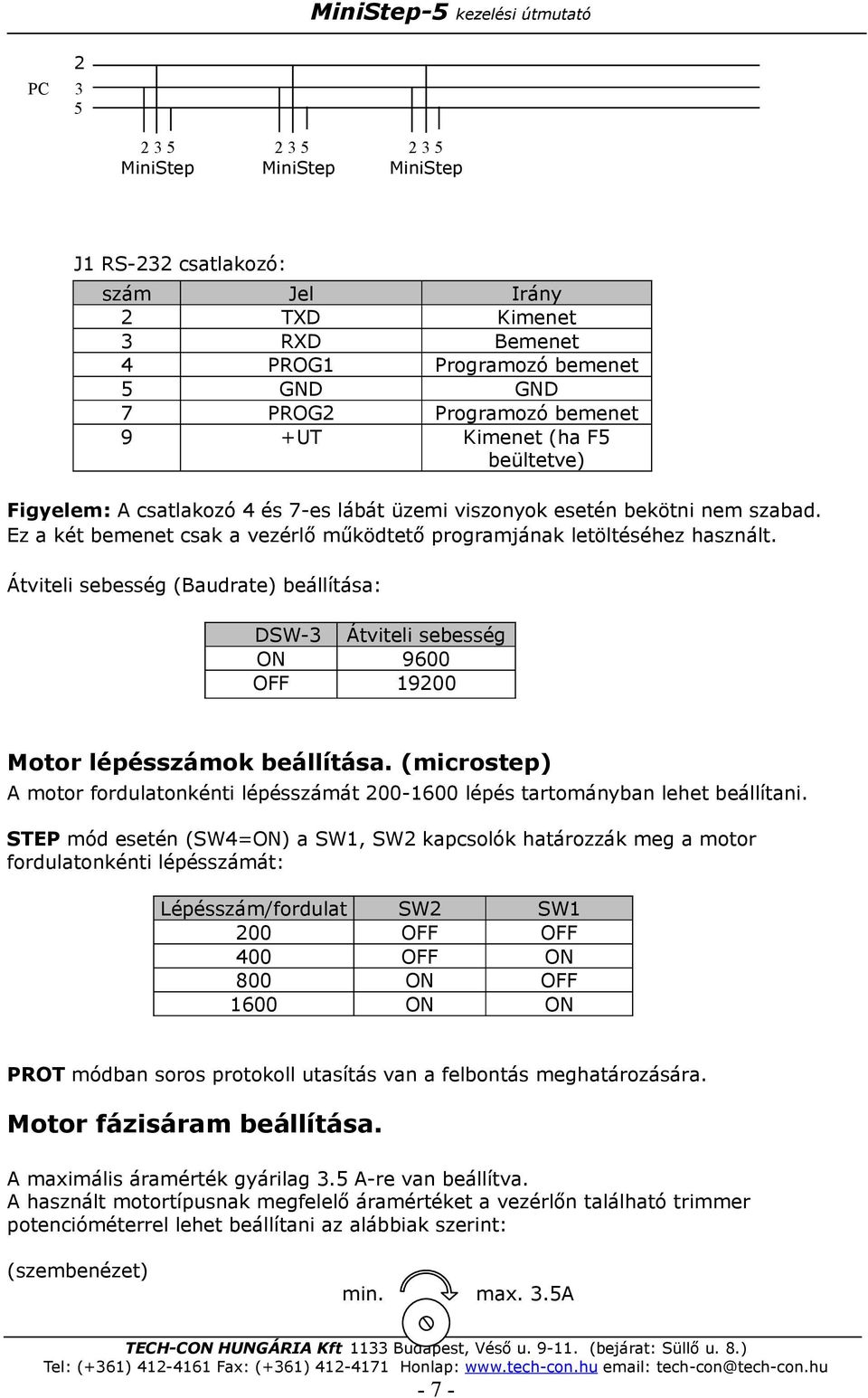 Átviteli sebesség (Baudrate) beállítása: DSW-3 Átviteli sebesség ON 9600 OFF 19200 Motor lépésszámok beállítása.