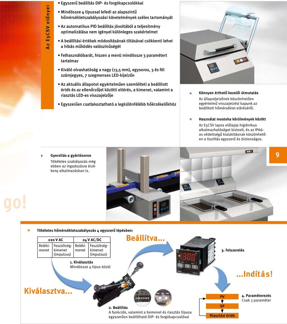 menü mindössze 3 paramétert tartalmaz Kiváló olvashatóság a nagy (13,5 mm), egysoros, 3 és fél számjegyes, 7 szegmenses LED-kijelzőn Az aktuális állapotot egyértelműen szemlélteti a beállított érték