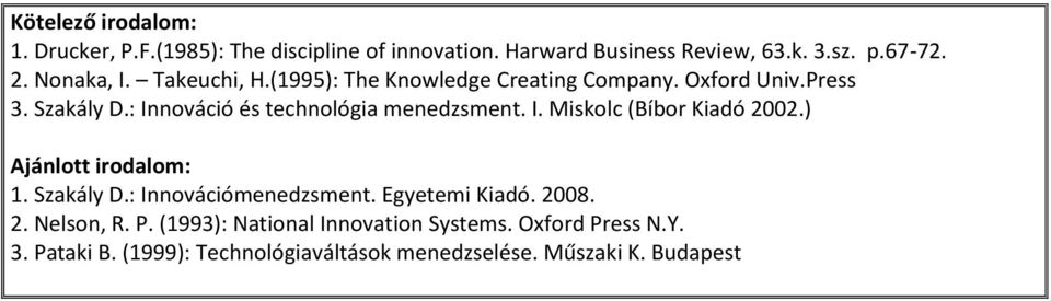 : Innováció és technológia menedzsment. I. Miskolc (Bíbor Kiadó 2002.) 1. Szakály D.: Innovációmenedzsment.