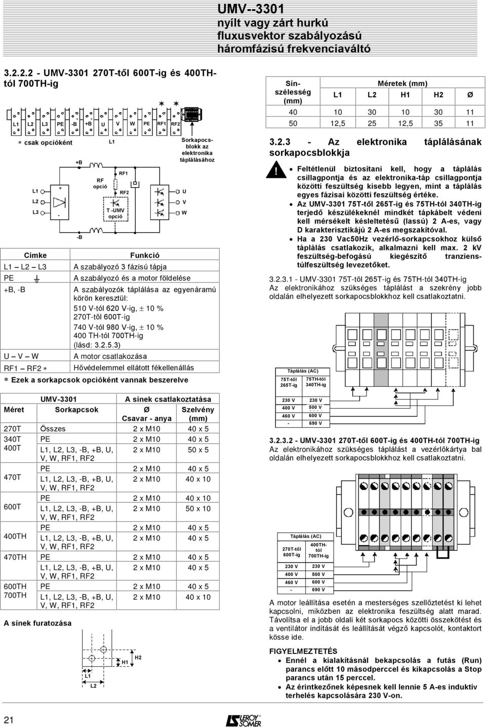 0 V-tól 620 V-ig, 10 % 270T-tõl 600T-ig 740 V-tól 980 V-ig, 10 % 400 TH-tól 700TH-ig (lásd: 3.2.5.