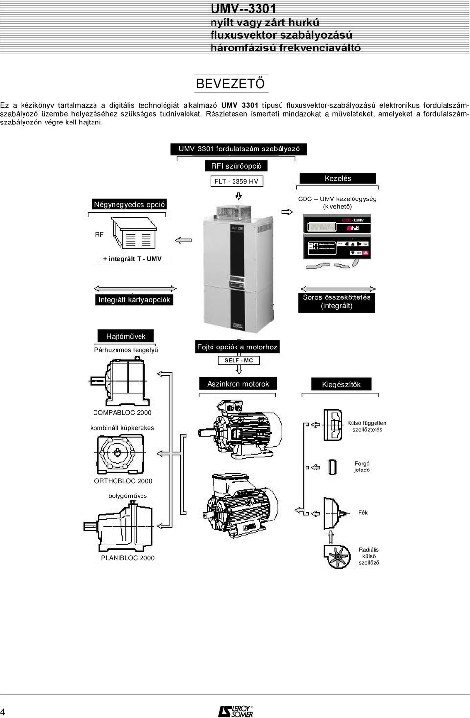UMV-3301 fordulatszám-szabályozó RFI szûrõopció FLT - 3359 HV Kezelés Négynegyedes opció CDC UMV kezelõegység (kivehetõ) RF + integrált T - UMV Integrált kártyaopciók Soros