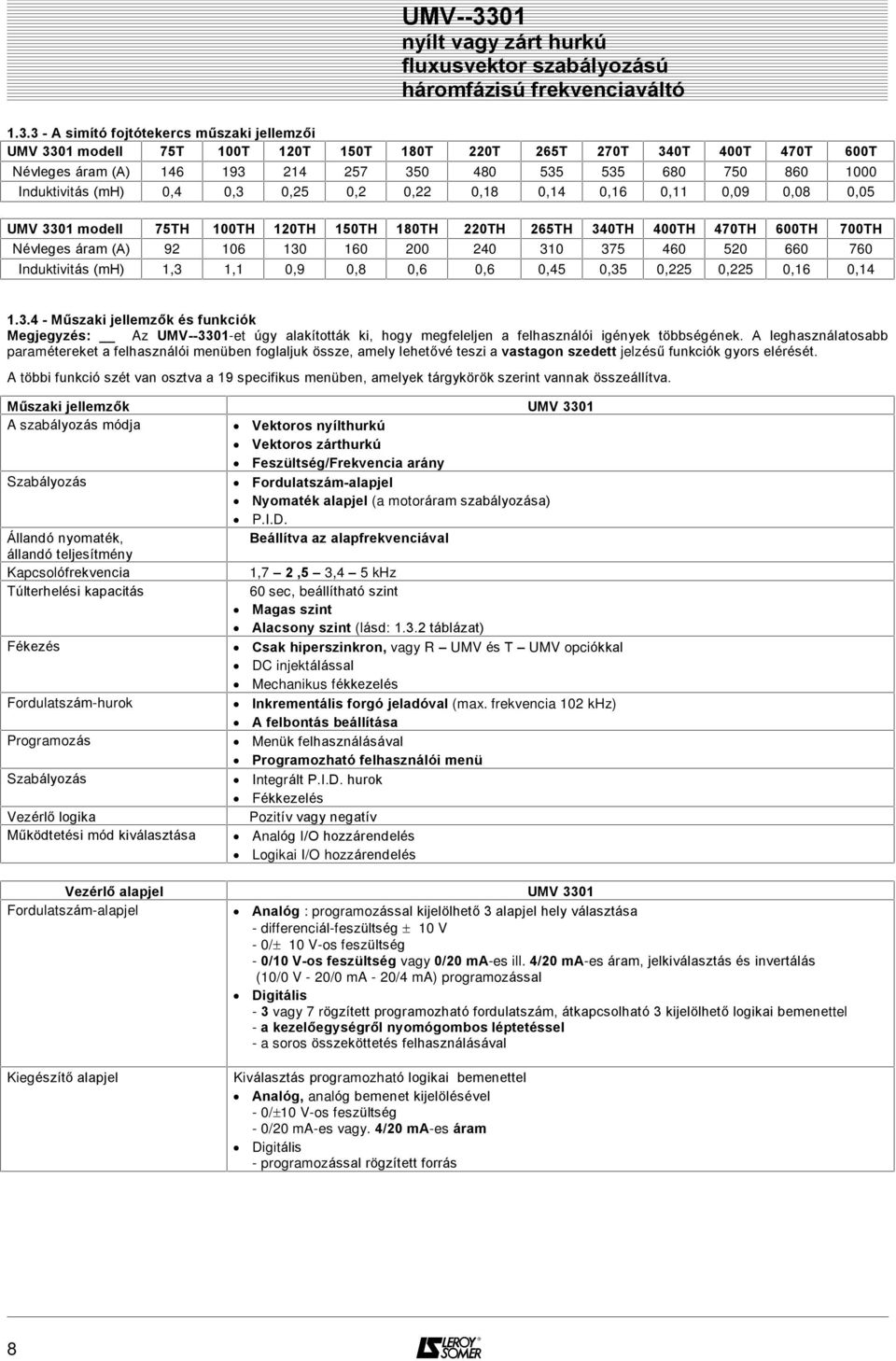 240 310 375 460 520 660 760 Induktivitás (mh) 1,3 1,1 0,9 0,8 0,6 0,6 0,45 0,35 0,225 0,225 0,16 0,14 1.3.4 - Mûszaki jellemzõk és funkciók Megjegyzés: Az UMV--3301-et úgy alakították ki, hogy megfeleljen a felhasználói igények többségének.