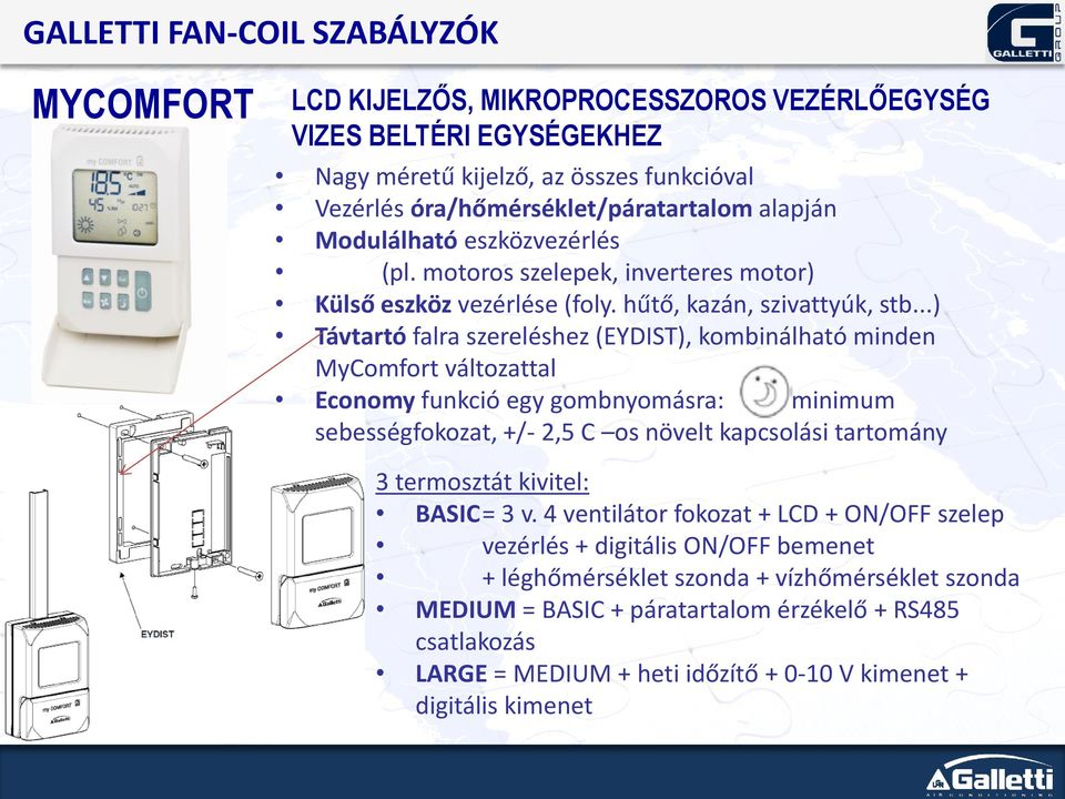 ..) Távtartó falra szereléshez (EYDIST), kombinálható minden MyComfort változattal Economy funkció egy gombnyomásra: minimum sebességfokozat, +/- 2,5 C os növelt kapcsolási tartomány 3 termosztát