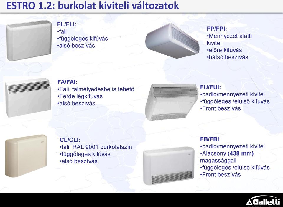 kifúvás hátsó beszívás FA/FAI: Fali, falmélyedésbe is tehető Ferde légkifúvás alsó beszívás FU/FUI: padló/mennyezeti