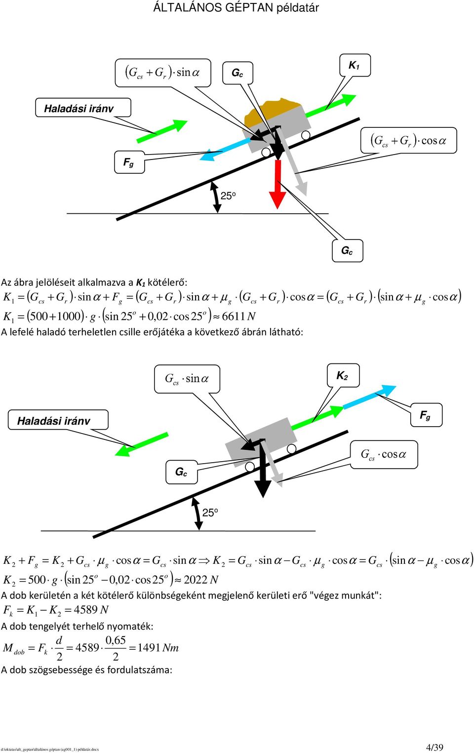 K + Gcs g µ g cosα Gcs sinα K Gcs sinα Gcs µ g cosα Gcs cos o o ( sin 5 0,0 cos5 ) 0 N K 500 g A dob kerületén a két kötélerő különbségeként megjelenő kerületi erő "végez