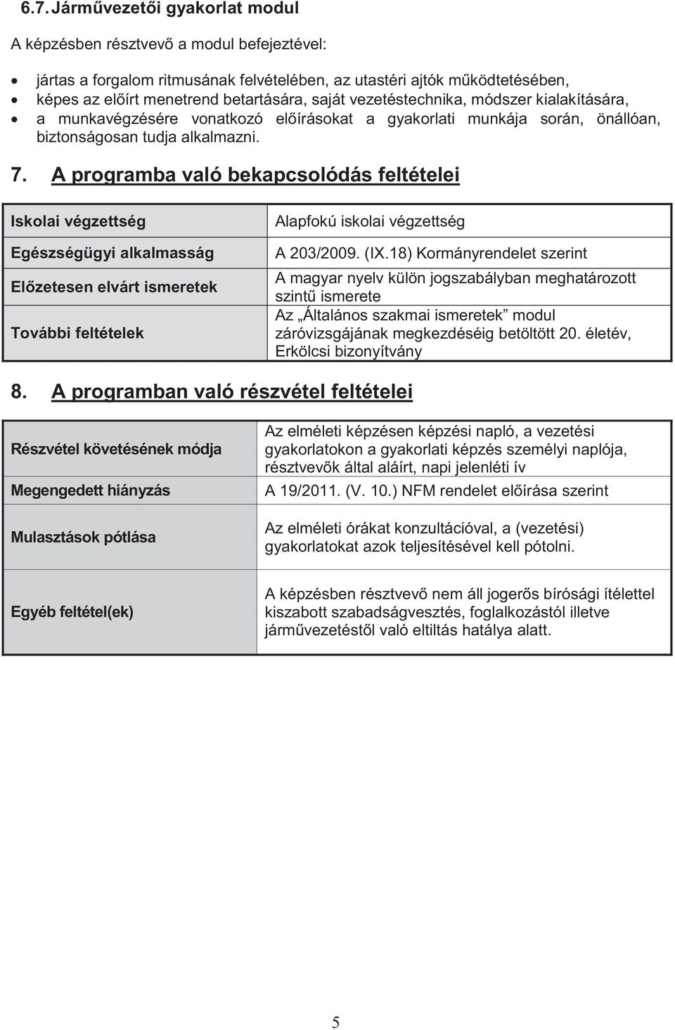 A programba való bekapcsolódás feltételei Iskolai végzettség Egészségügyi alkalmasság Előzetesen elvárt ismeretek További feltételek Alapfokú iskolai végzettség A 203/2009. (IX.