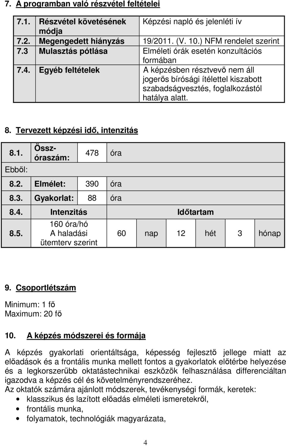 8. Tervezett képzési idő, intenzitás 8.1. Ebből: Összóraszám: 478 óra 8.2. Elmélet: 390 óra 8.3. Gyakorlat: 88 óra 8.4. Intenzitás Időtartam 8.5.