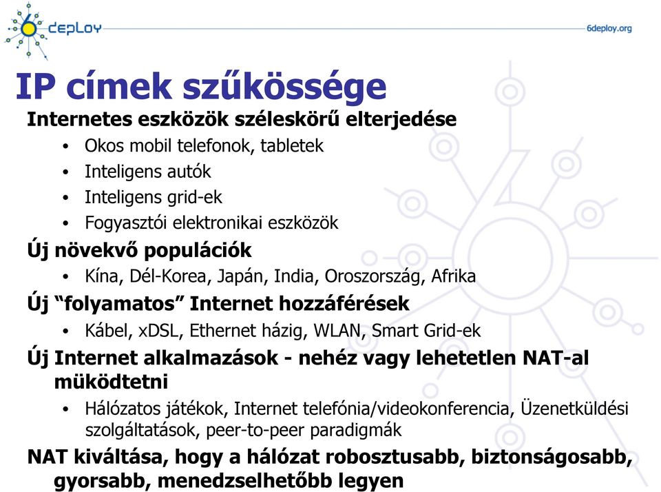 Ethernet házig, WLAN, Smart Grid-ek Új Internet alkalmazások - nehéz vagy lehetetlen NAT-al müködtetni Hálózatos játékok, Internet