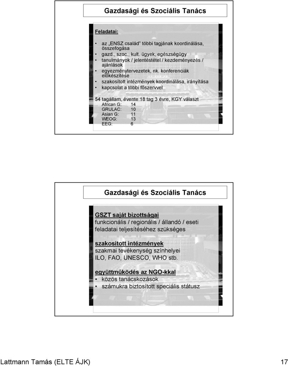 konferenciák előkészítése szakosított intézmények koordinálása, irányítása kapcsolat a többi főszervvel 54 tagállam, évente 8 tag 3 évre, KGY választ African G: 4 GRULAC: 0 Asian G: