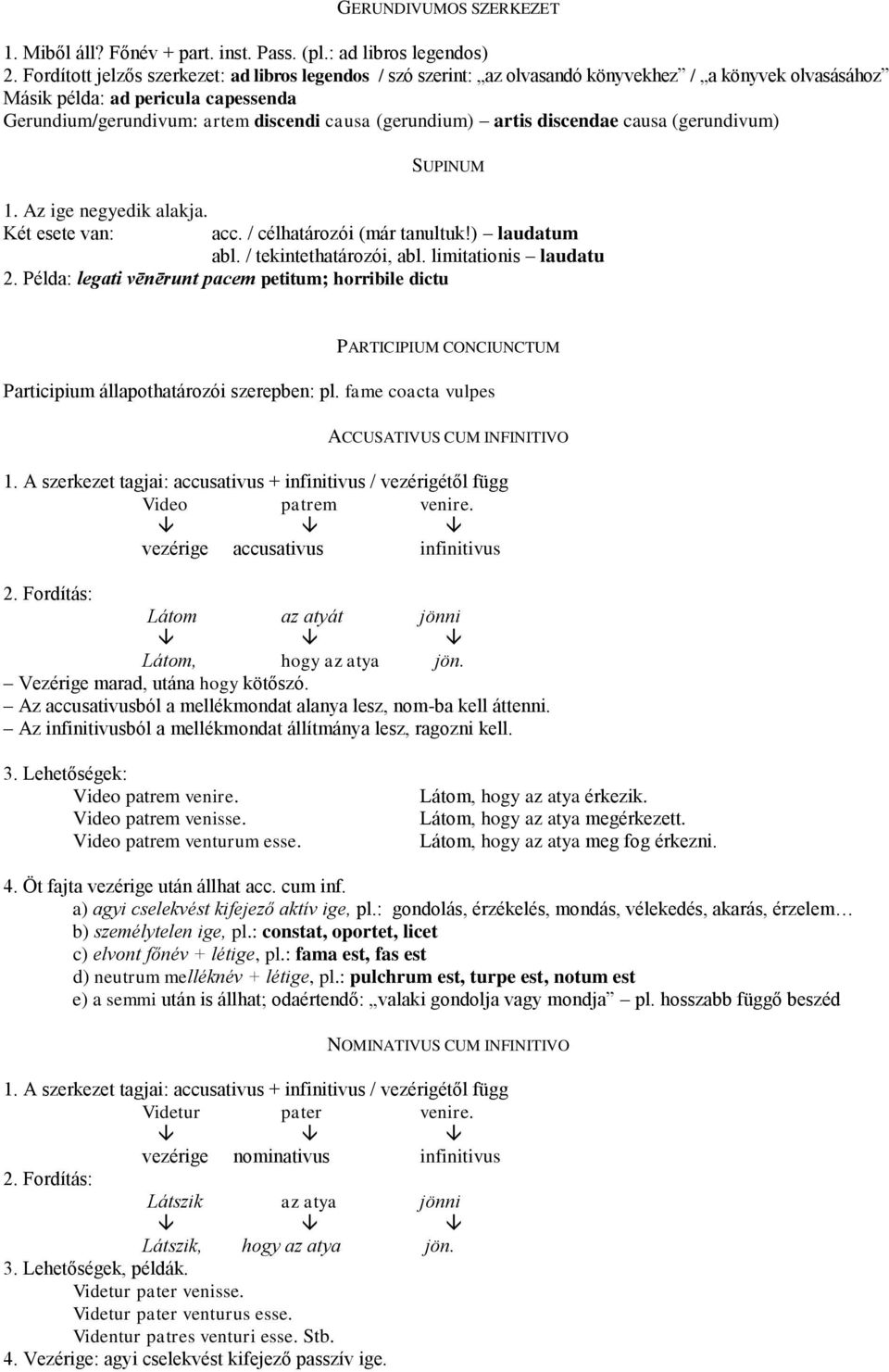(gerundium) artis discendae causa (gerundivum) SUPINUM 1. Az ige negyedik alakja. Két esete van: acc. / célhatározói (már tanultuk!) laudatum abl. / tekintethatározói, abl. limitationis laudatu 2.