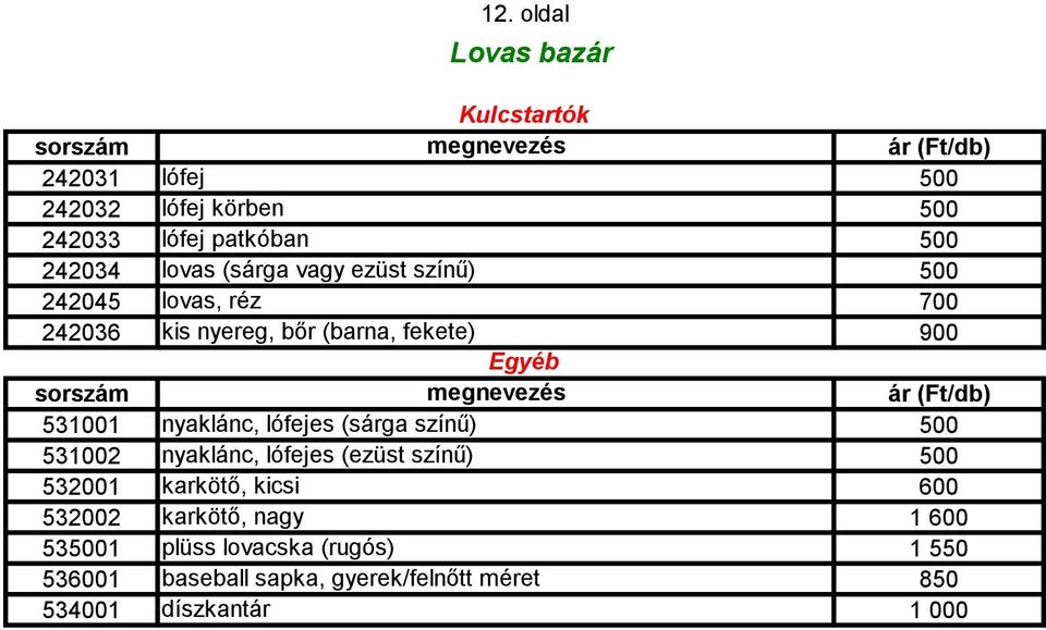 nyaklánc, lófejes (sárga színű) 531002 nyaklánc, lófejes (ezüst színű) 532001 karkötő, kicsi 532002