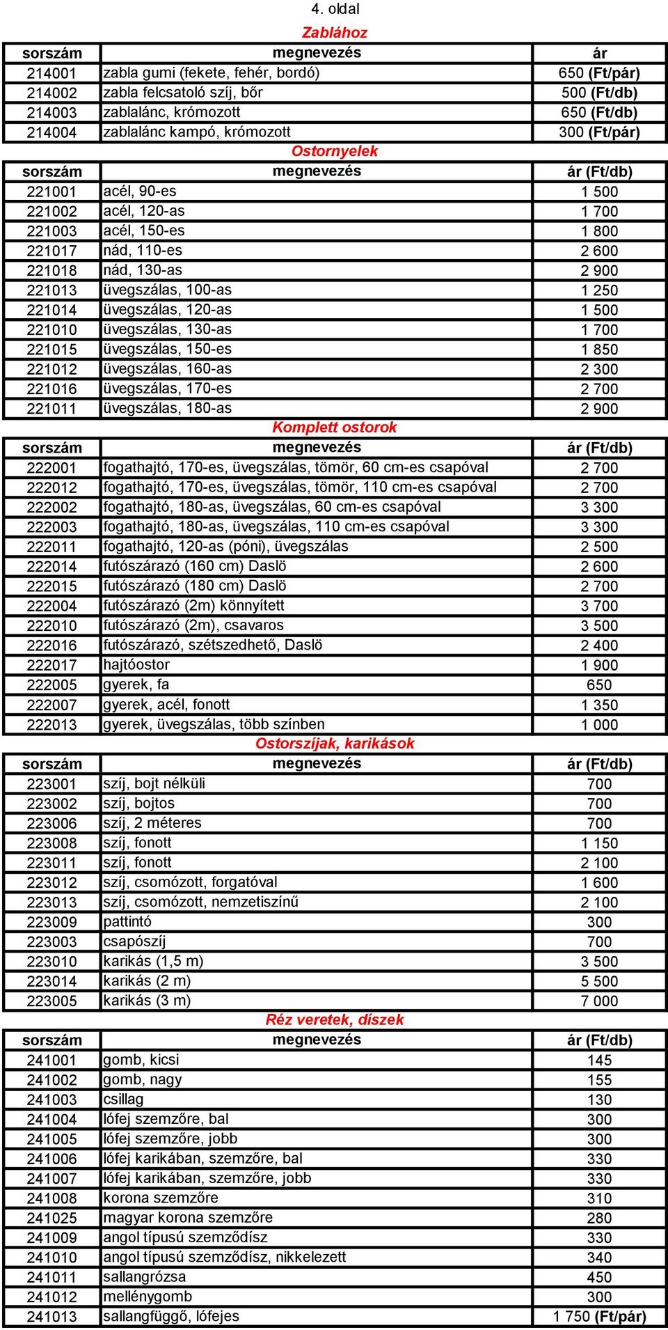 1 221015 üvegszálas, 150-es 1 850 221012 üvegszálas, 160-as 221016 üvegszálas, 170-es 2 221011 üvegszálas, 180-as 2 Komplett ostorok 222001 fogathajtó, 170-es, üvegszálas, tömör, 60 cm-es csapóval 2