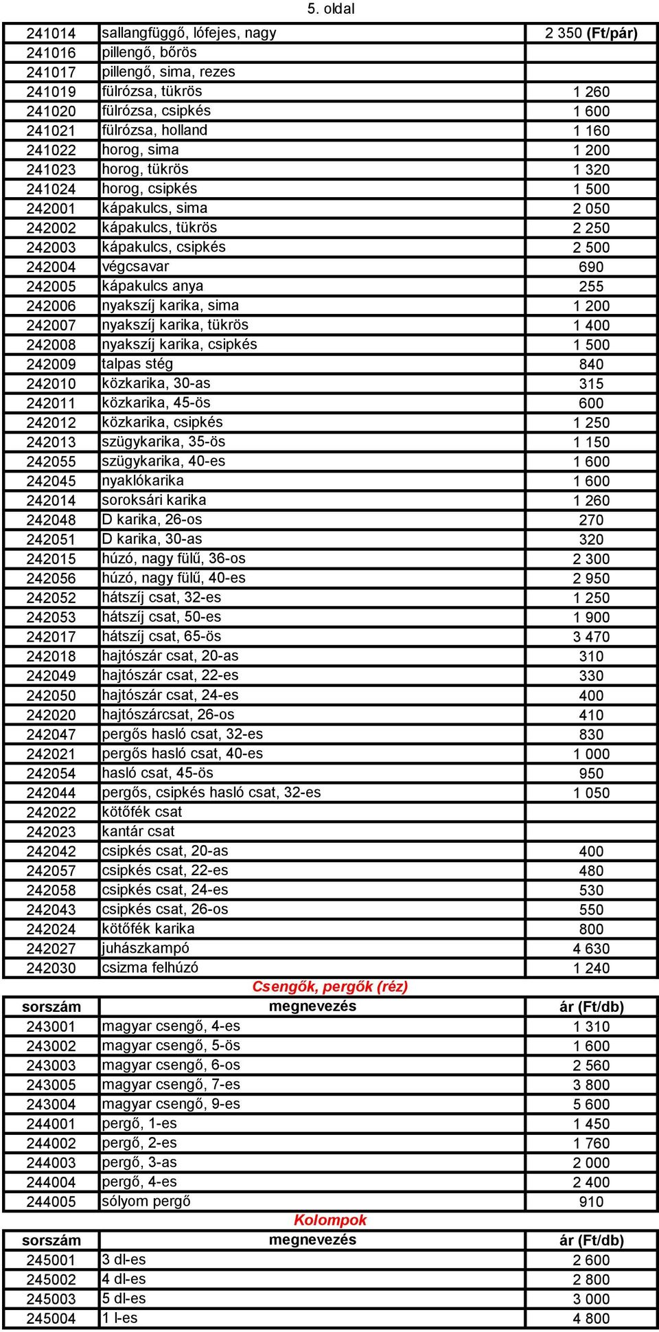 anya 255 242006 nyakszíj karika, sima 242007 nyakszíj karika, tükrös 242008 nyakszíj karika, csipkés 1 242009 talpas stég 840 242010 közkarika, 30-as 315 242011 közkarika, 45-ös 242012 közkarika,