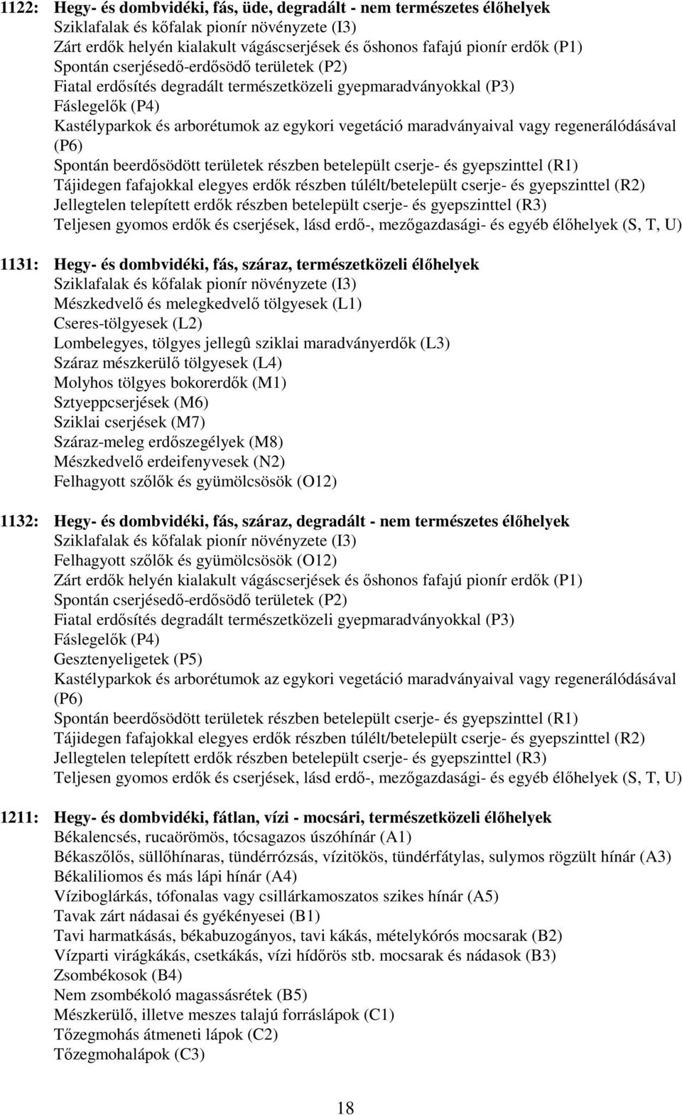 regenerálódásával (P6) Spontán beerdősödött területek részben betelepült cserje- és gyepszinttel (R1) Tájidegen fafajokkal elegyes erdők részben túlélt/betelepült cserje- és gyepszinttel (R2)