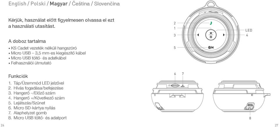 Felhasználói útmutató 2 1 LED 3 4 5 Funkciók 1. Táp/Üzemmód LED jelzővel 2. Hívás fogadása/befejezése 3. Hangerő /Előző szám 4.