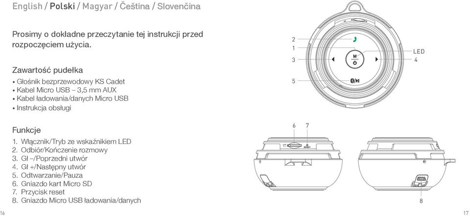 obsługi 2 1 LED 3 4 5 Funkcje 1. Włącznik/Tryb ze wskaźnikiem LED 2. Odbiór/Kończenie rozmowy 3. Gł /Poprzedni utwór 4.