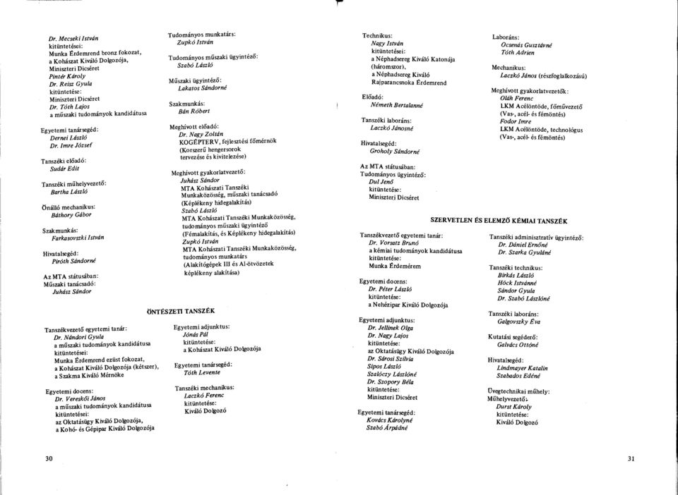 Imre József Tanszéki előadó: Sudár Edit Tanszéki műhelyvezető: Bartha László önálló mechanikus: Báthory Gábor Szakmunkás: Farkasovszki István Hivatalsegéd: Piróth Sándorné Az MTA státusában: Műszaki