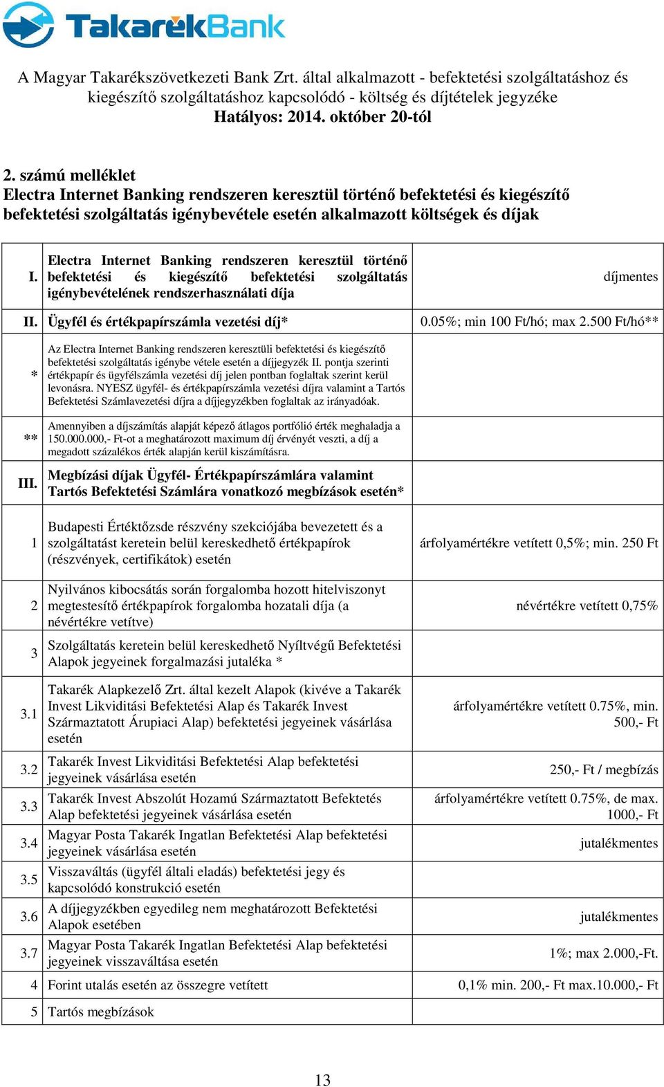 Ügyfél és értékpapírszámla vezetési díj* 0.05%; min 100 Ft/hó; max 2.500 Ft/hó** * ** III.