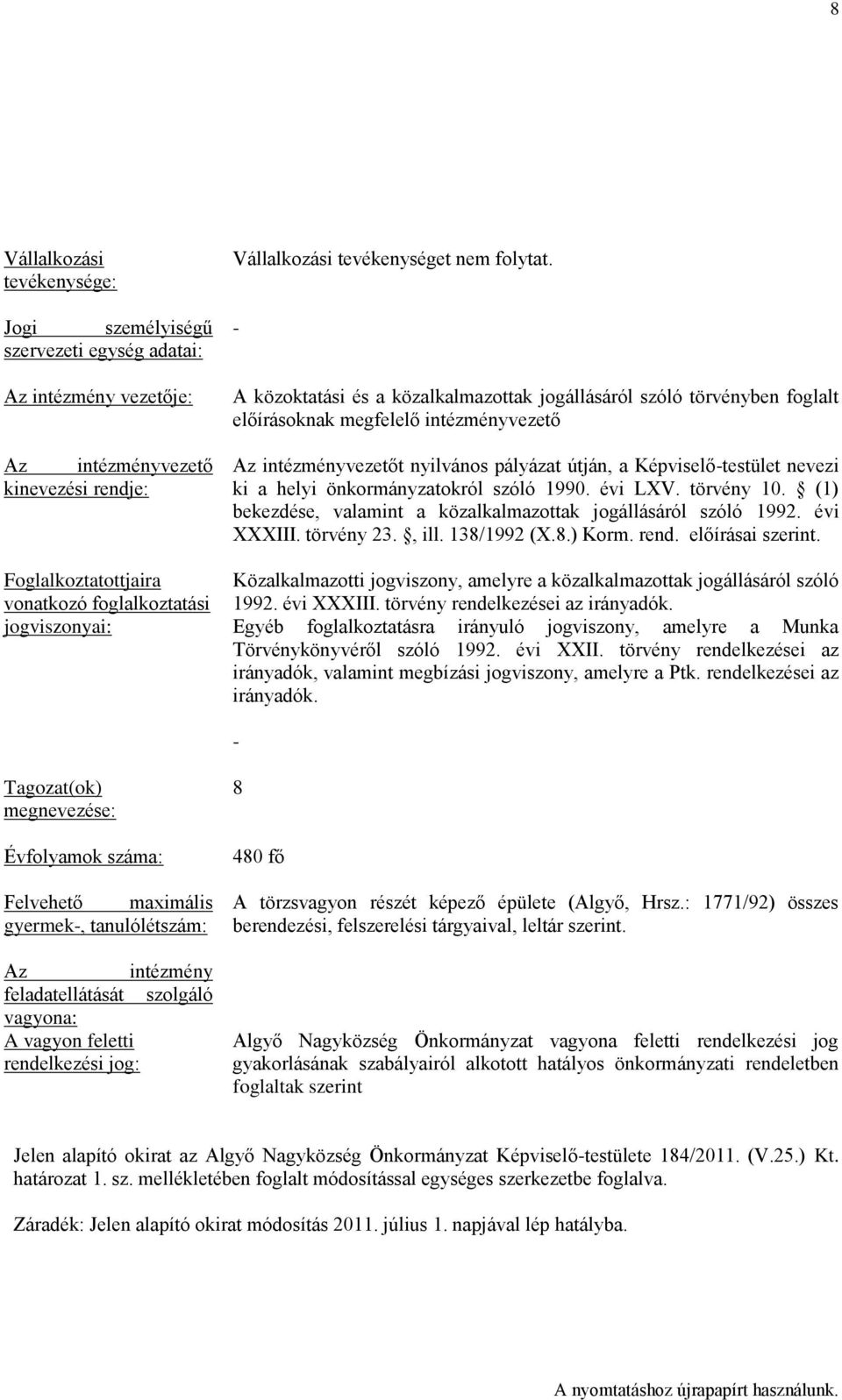 - A közoktatási és a közalkalmazottak jogállásáról szóló törvényben foglalt előírásoknak megfelelő intézményvezető Az intézményvezetőt nyilvános pályázat útján, a Képviselő-testület nevezi ki a helyi