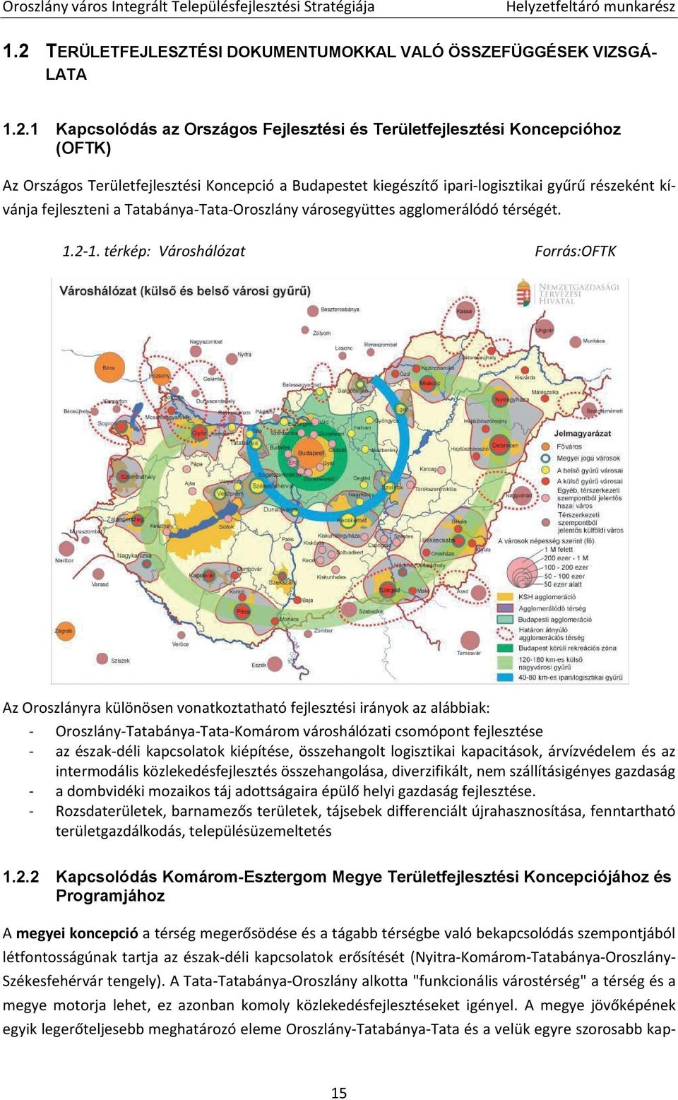 térkép: Városhálózat Forrás:OFTK Az Oroszlányra különösen vonatkoztatható fejlesztési irányok az alábbiak: - Oroszlány-Tatabánya-Tata-Komárom városhálózati csomópont fejlesztése - az észak-déli