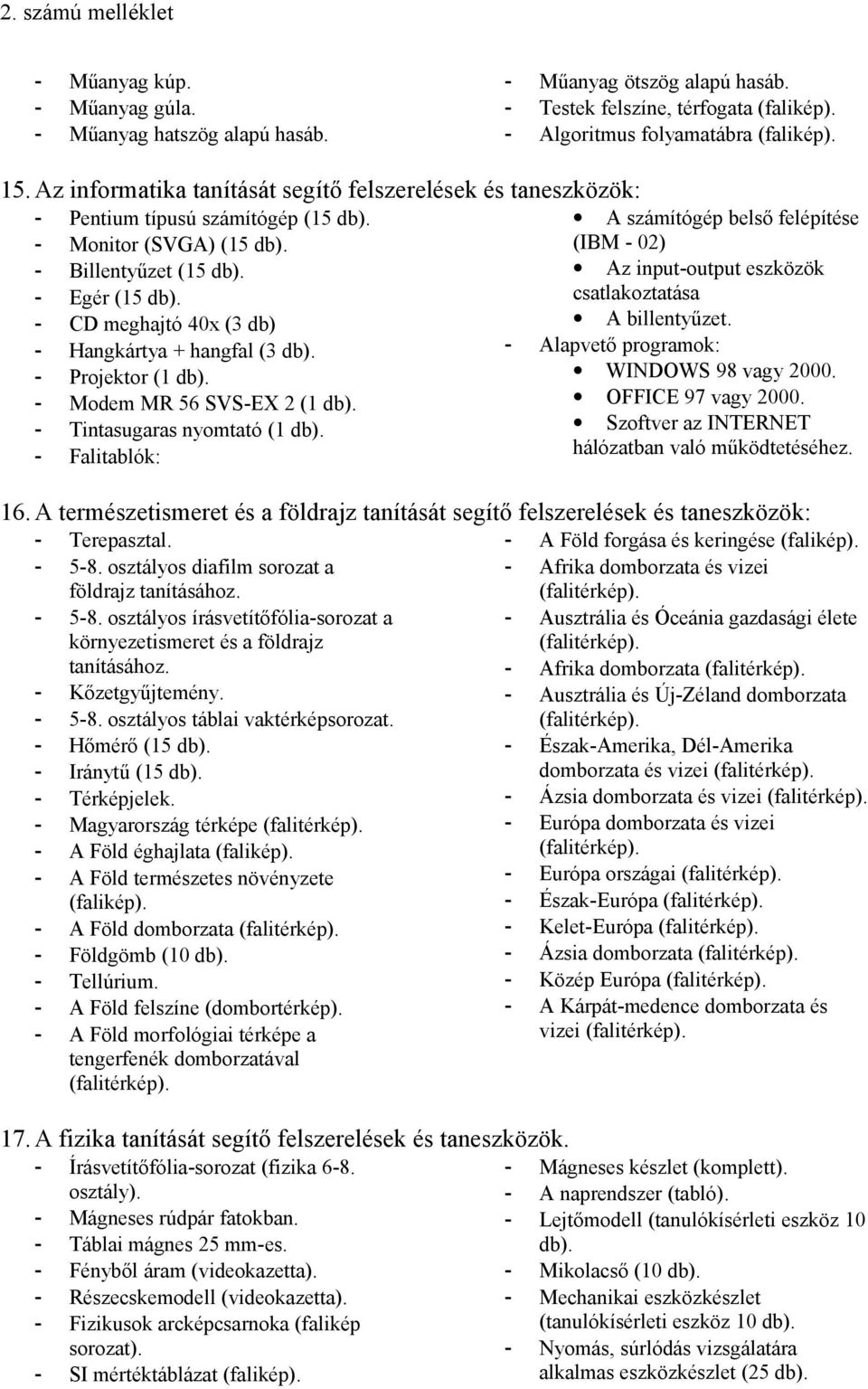 - Egér (15 csatlakoztatása - CD meghajtó 40x (3 db) A billentyűzet. - Hangkártya + hangfal (3 - Alapvető programok: - Projektor (1 WINDOWS 98 vagy 2000. - Modem MR 56 SVS-EX 2 (1 OFFICE 97 vagy 2000.