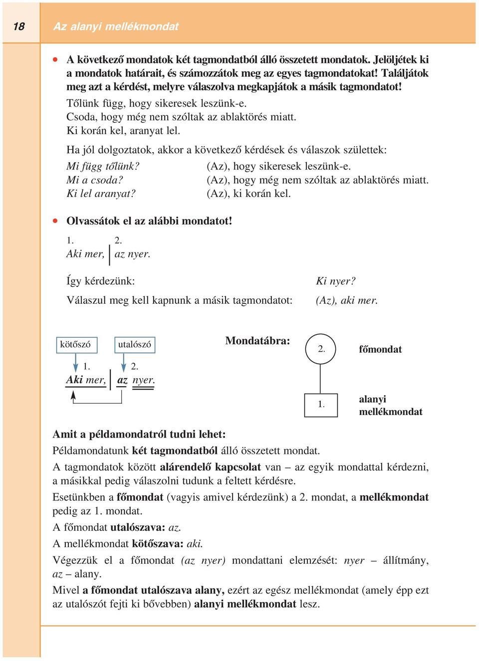 Ha jól dolgoztatok, akkor a következő kérdések és válaszok születtek: Mi függ tőlünk? (Az), hogy sikeresek leszünk e. Mi a csoda? (Az), hogy még nem szóltak az ablaktörés miatt. Ki lel aranyat?