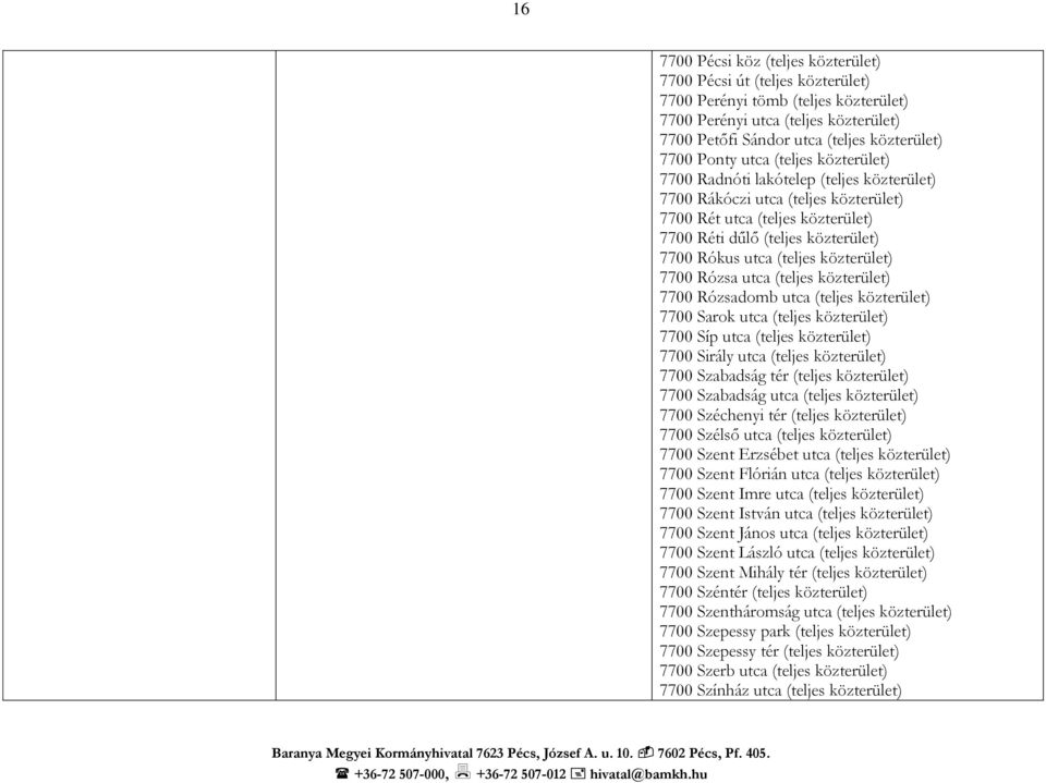 (teljes közterület) 7700 Rózsa utca (teljes közterület) 7700 Rózsadomb utca (teljes közterület) 7700 Sarok utca (teljes közterület) 7700 Síp utca (teljes közterület) 7700 Sirály utca (teljes