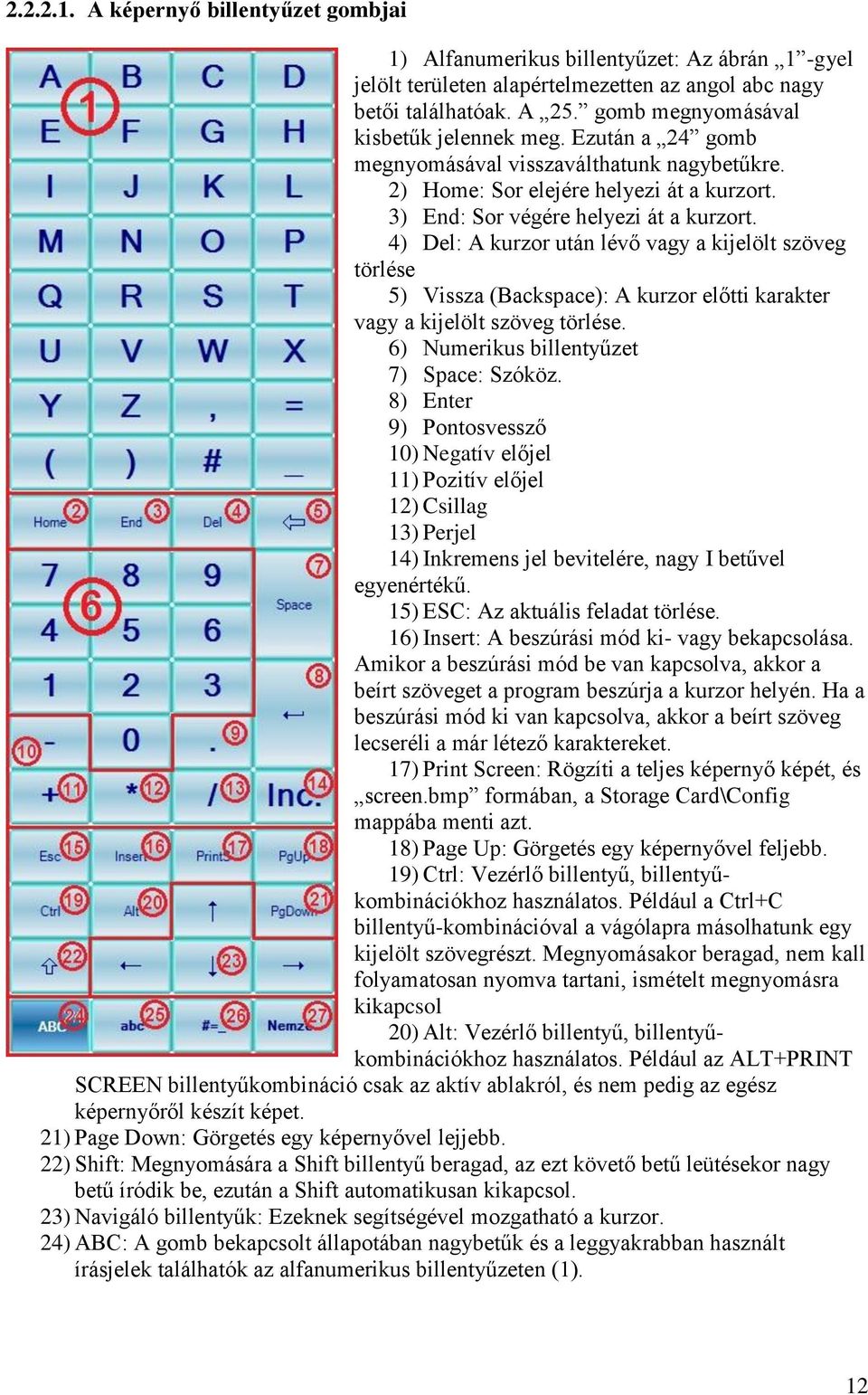 4) Del: A kurzor után lévő vagy a kijelölt szöveg törlése 5) Vissza (Backspace): A kurzor előtti karakter vagy a kijelölt szöveg törlése. 6) Numerikus billentyűzet 7) Space: Szóköz.