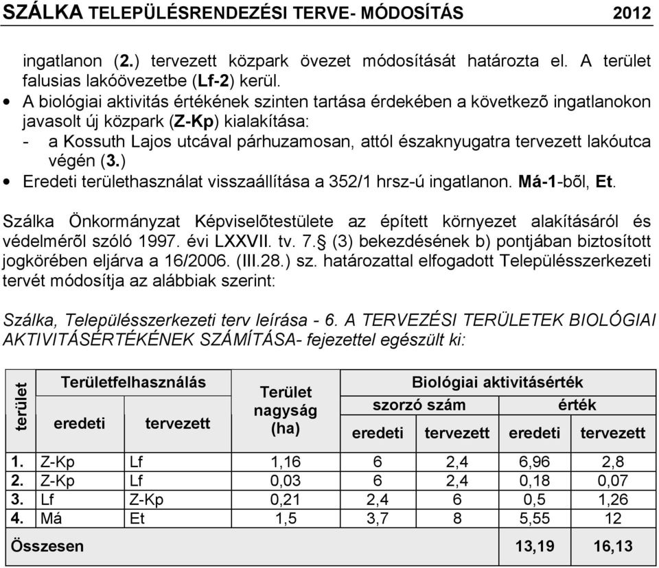 lakóutca végén (3.) Eredeti területhasználat visszaállítása a 352/1 hrsz-ú ingatlanon. Má-1-bõl, Et. Szálka Önkormányzat Képviselõtestülete az épített környezet alakításáról és védelmérõl szóló 1997.