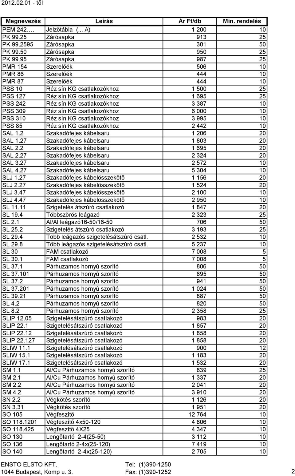 csatlakozókhoz 3 387 10 PSS 309 Réz sín KG csatlakozókhoz 6 000 10 PSS 310 Réz sín KG csatlakozókhoz 3 995 10 PSS 85 Réz sín KG csatlakozókhoz 2 442 10 SAL 1.2 Szakadófejes kábelsaru 1 206 20 SAL 1.