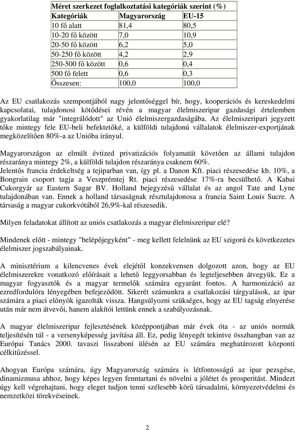 élelmiszeripar gazdasági értelemben gyakorlatilag már "integrálódott" az Unió élelmiszergazdaságába.