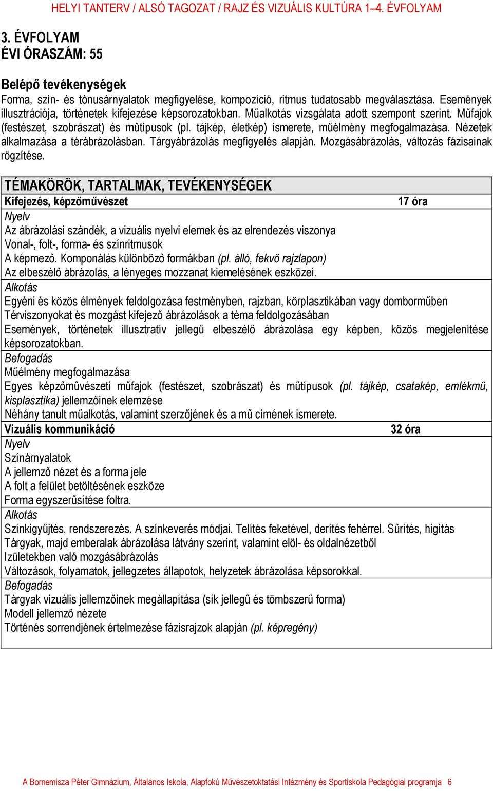 tájkép, életkép) ismerete, műélmény megfogalmazása. Nézetek alkalmazása a térábrázolásban. Tárgyábrázolás megfigyelés alapján. Mozgásábrázolás, változás fázisainak rögzítése.